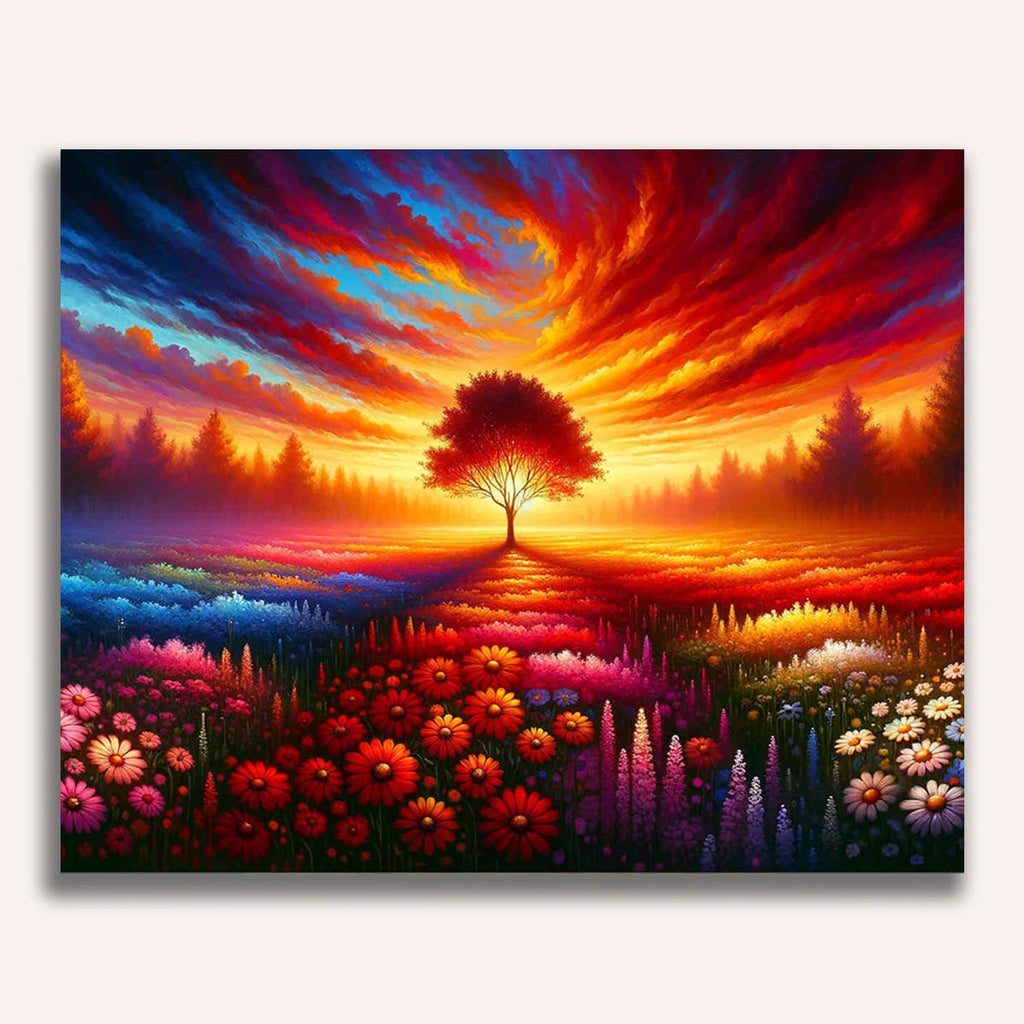 Paint by Numbers - Tree on flower meadow