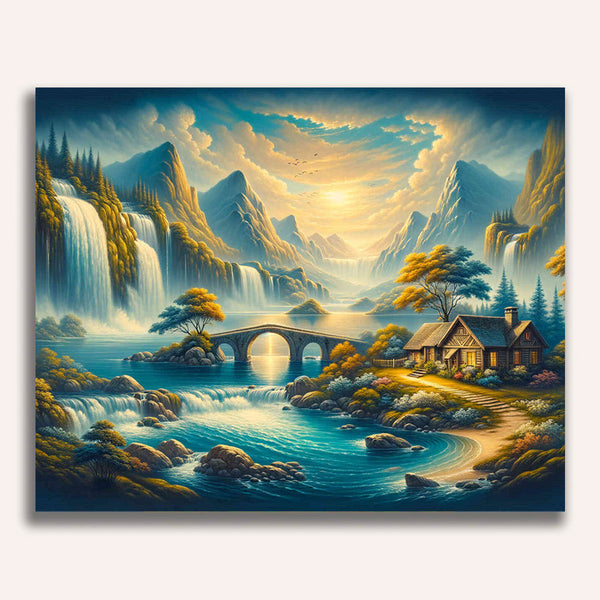 Paint by Numbers - Waterfall, bridge to cottage