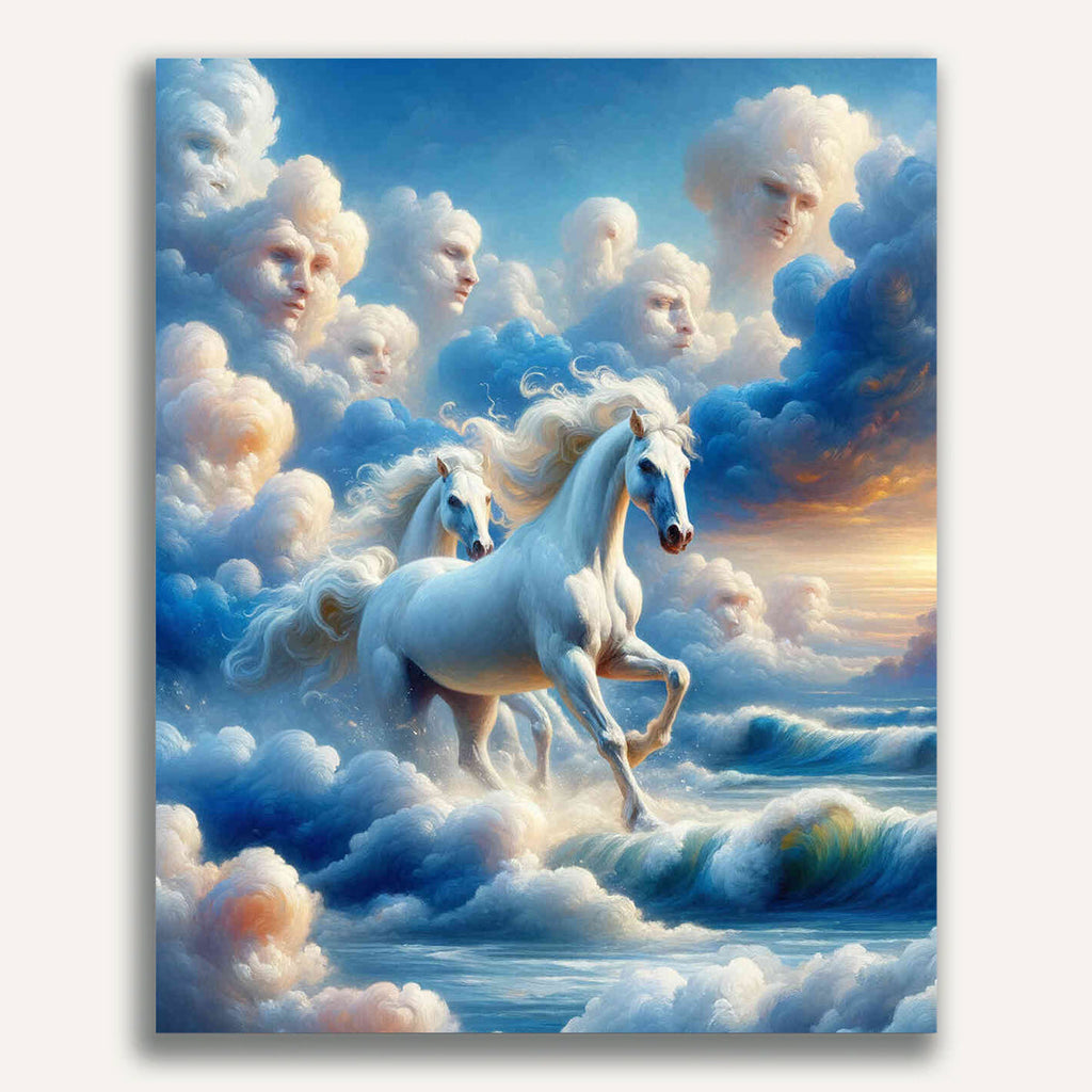 Paint by Numbers - White horses and pair of clouds