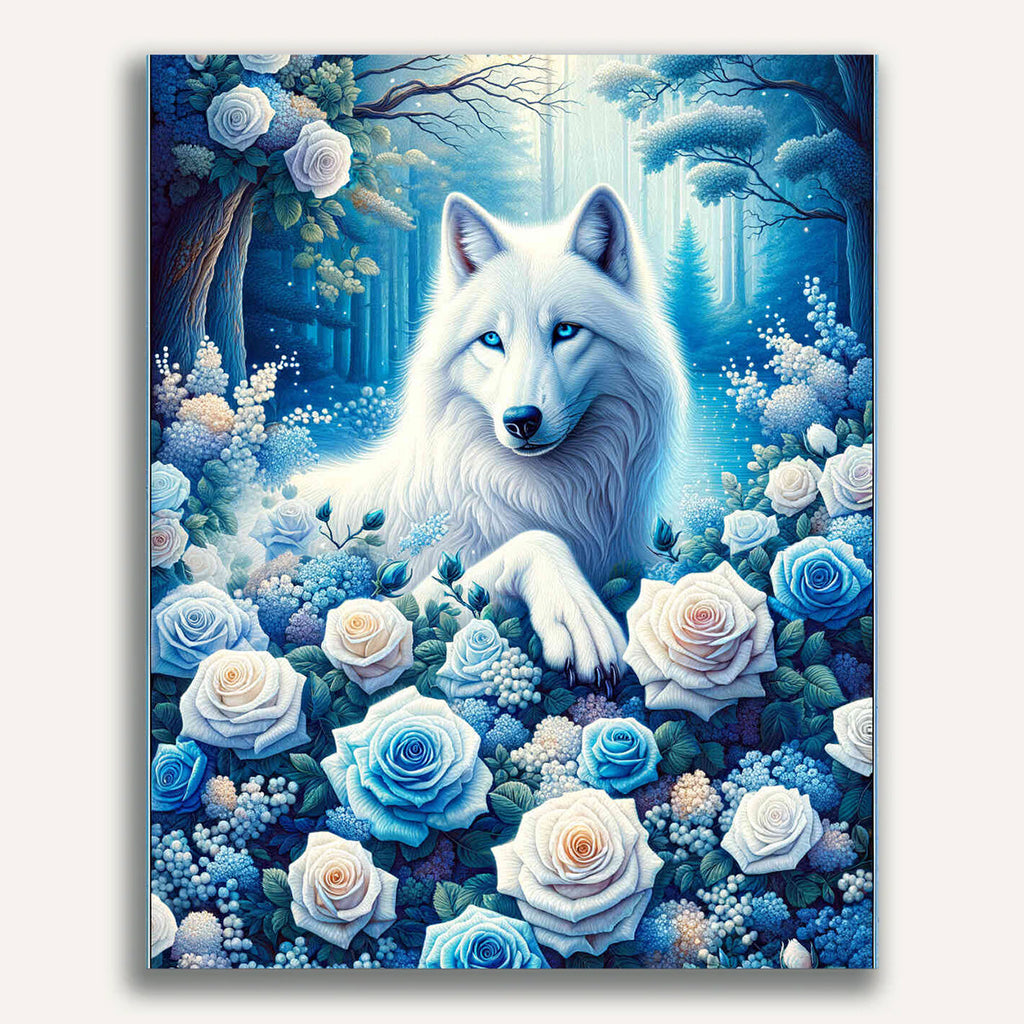 Paint by Numbers - White wolf with roses