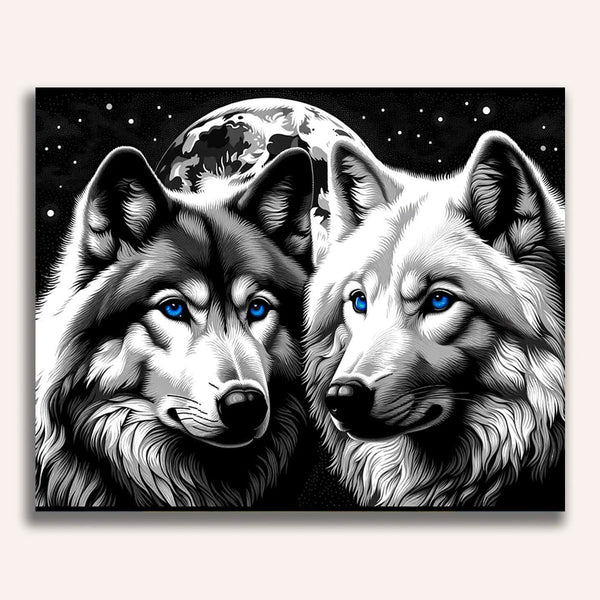 Paint by Numbers - Pair of wolves, black and white
