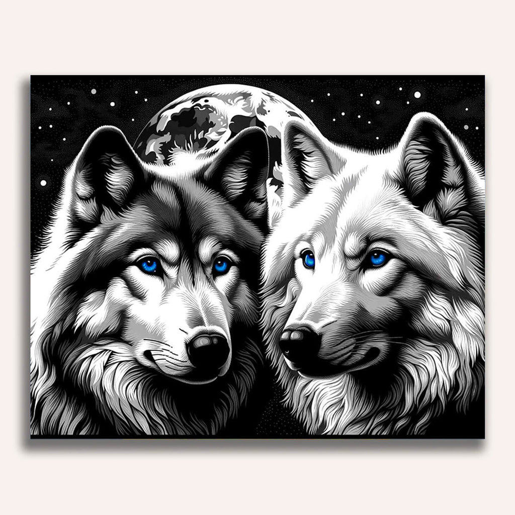 Paint by Numbers - Pair of wolves, black and white