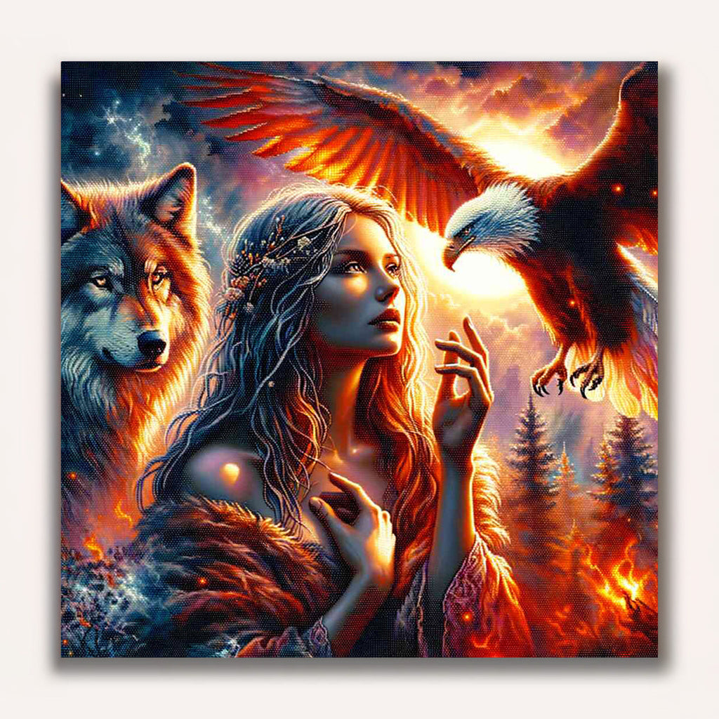 Paint by Numbers - Woman with eagle and wolf