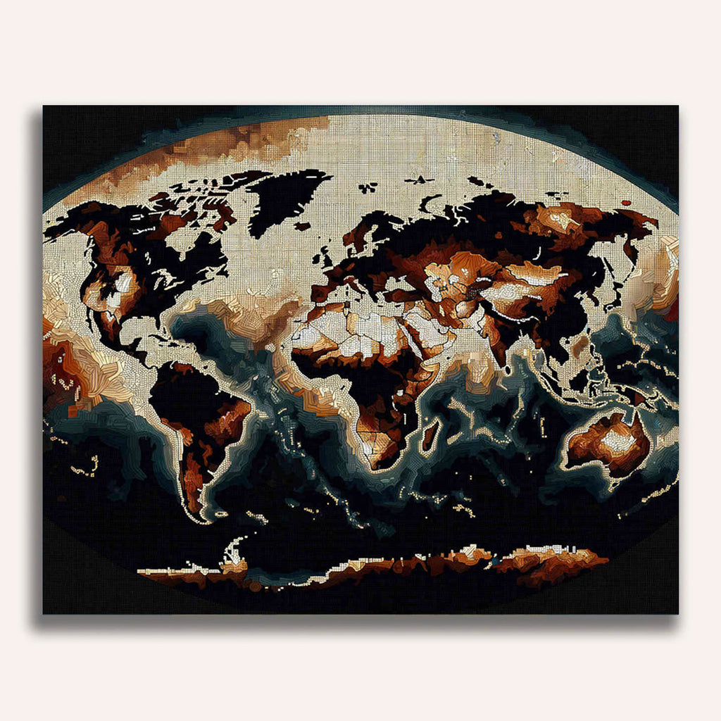 Paint by Numbers - World map in brown on black