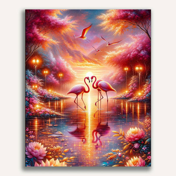 Pink flamingo, sunset - Paint by Numbers