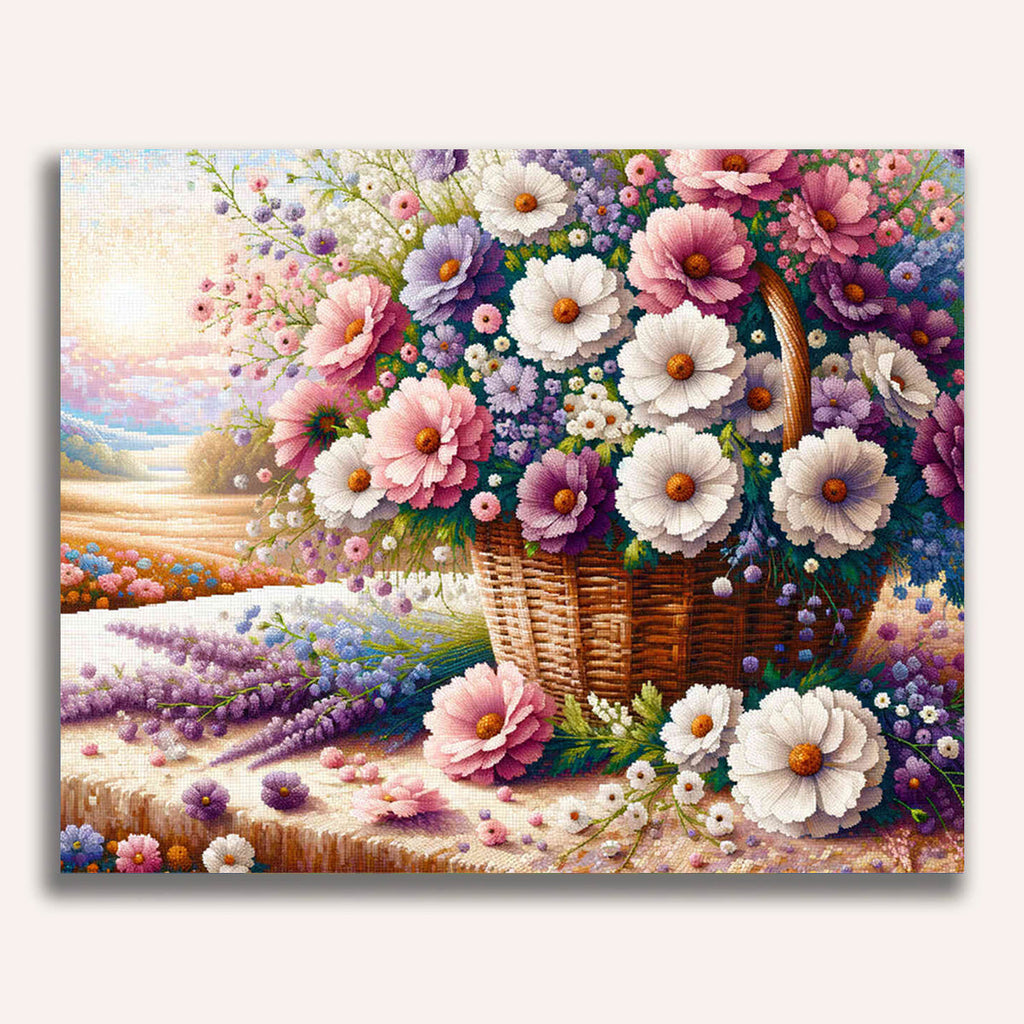 Purple, white flower basket - Paint by Numbers