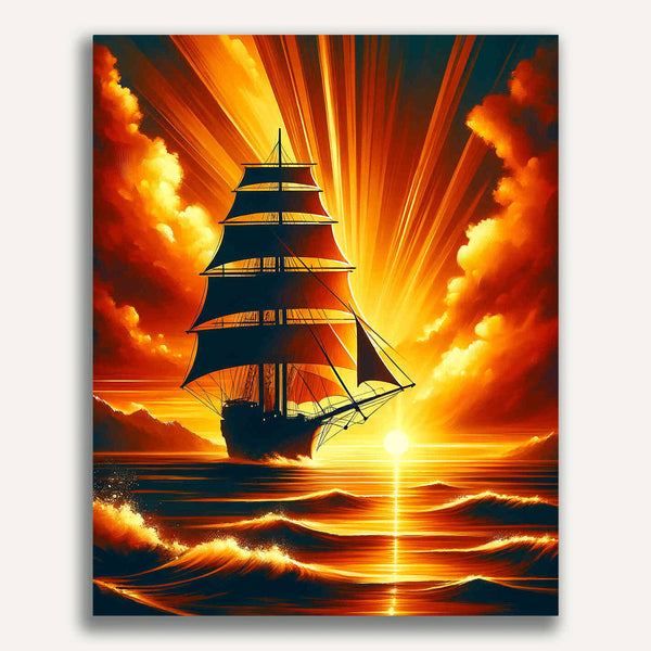 Sailing ship in front of the sun - Paint by Numbers