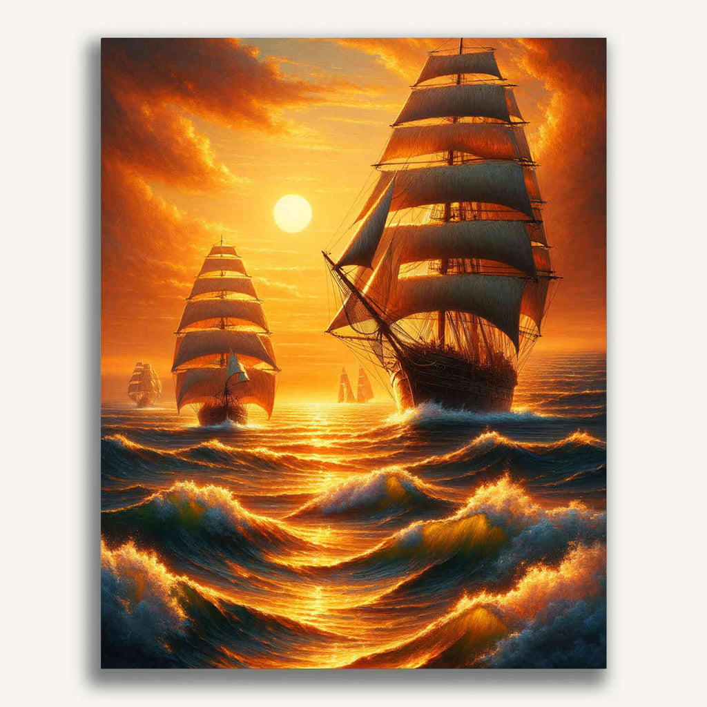 Sailing ships, sunset - Paint by Numbers