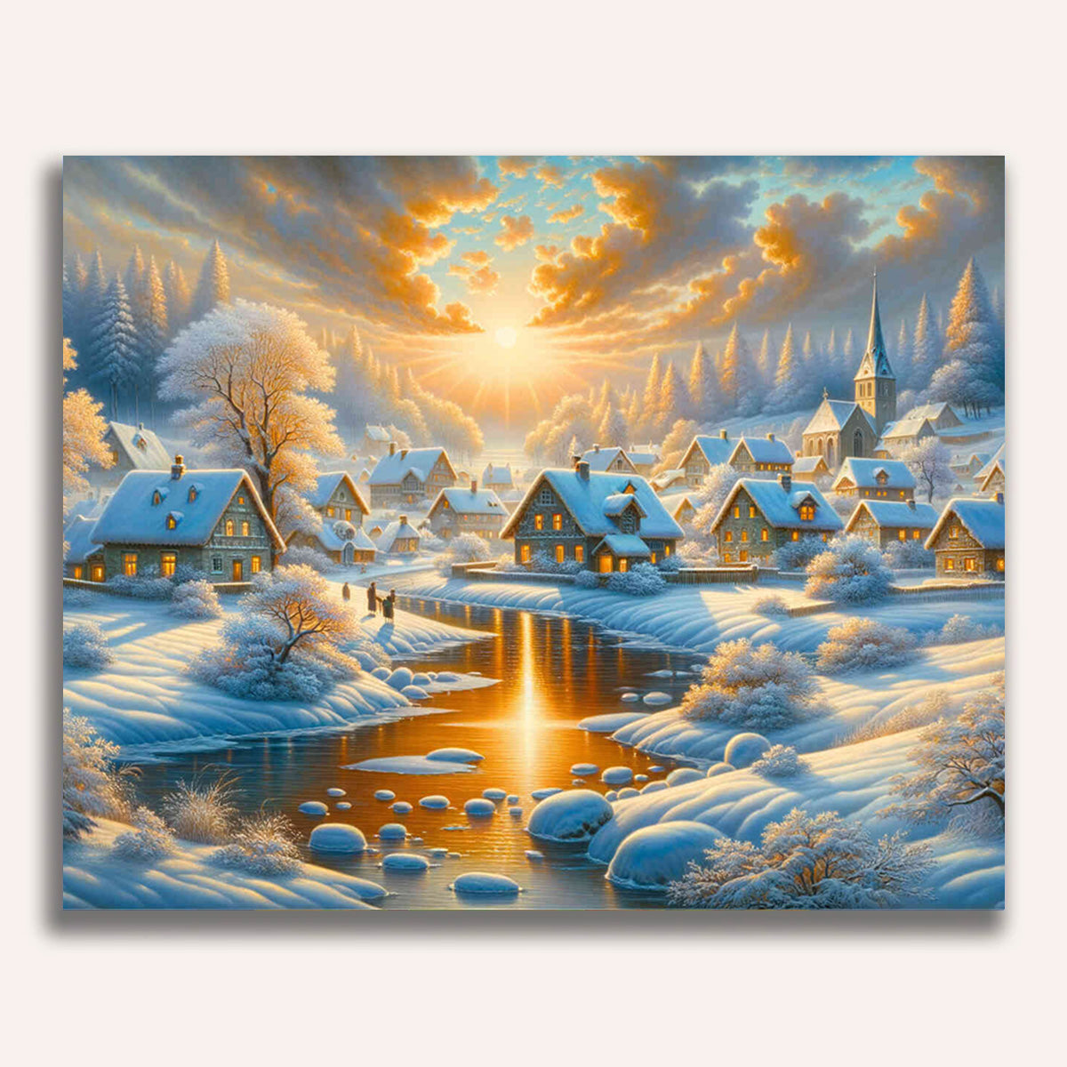 Sunrise, snow village - Paint by Numbers
