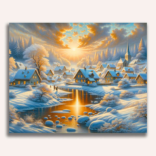 Sunrise, snow village - Paint by Numbers