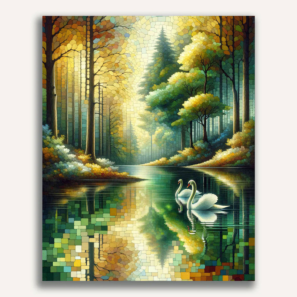 Forest, swans in lake
