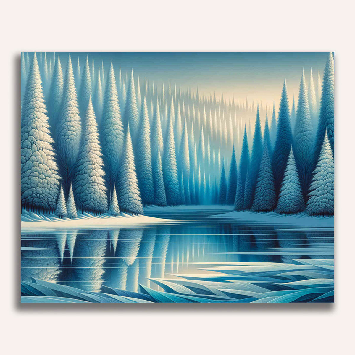 Winter, fir trees with lake - Paint by Numbers