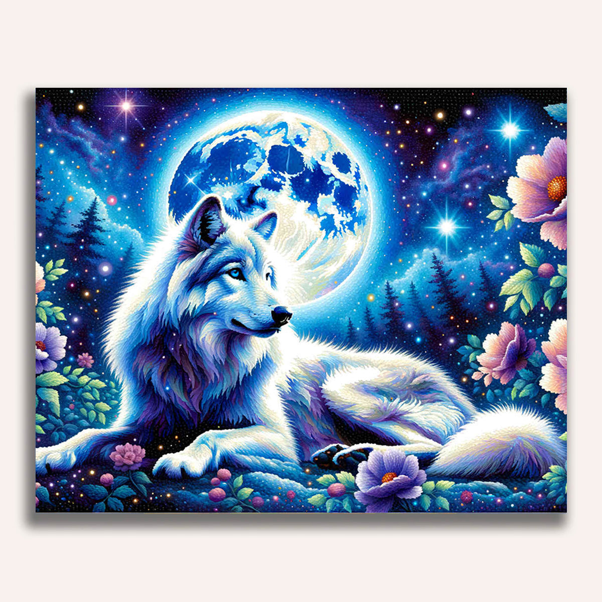 Wolf in full moon with flower - Paint by Numbers