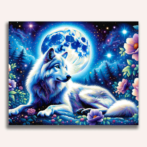 Wolf in full moon with flower - Paint by Numbers