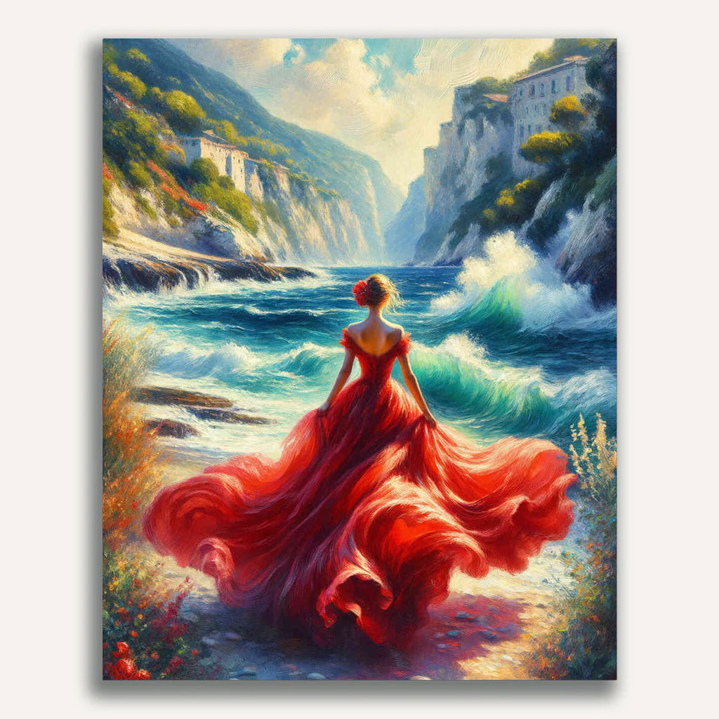 Woman in red dress, sea - Paint by Numbers