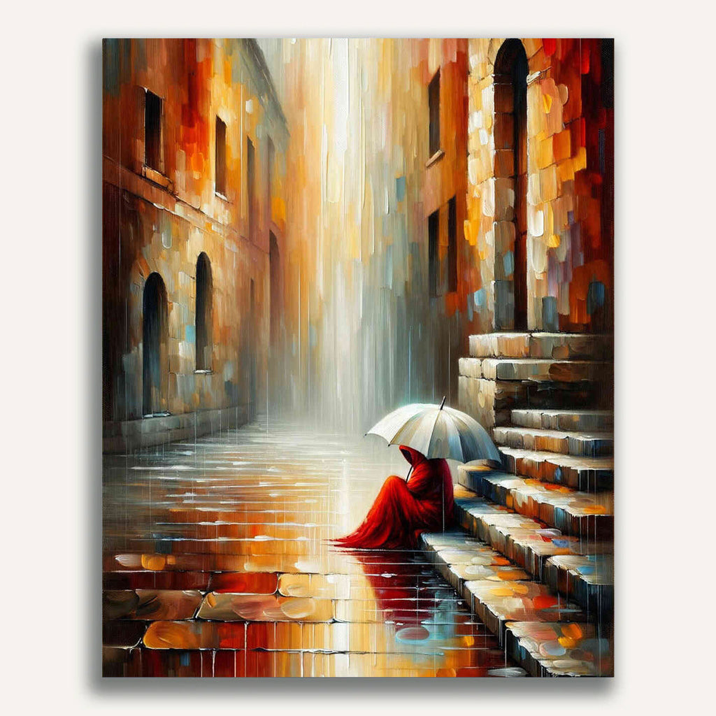 Woman on stairs, umbrella - Paint by Numbers