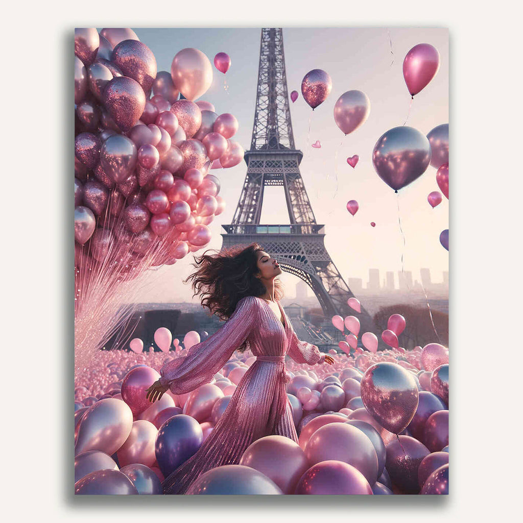 Woman with balloons, Eiffel Tower - Paint by Numbers
