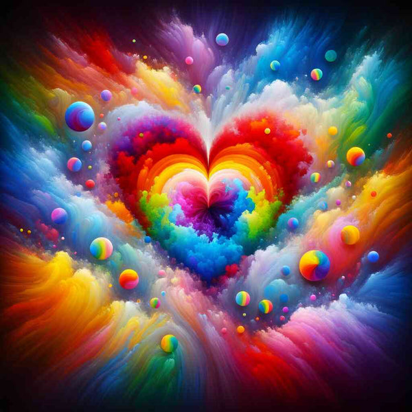 Abstract Love Paint by Numbers canvas featuring a vibrant heart surrounded by colorful clouds and floating spheres for DIY art painting