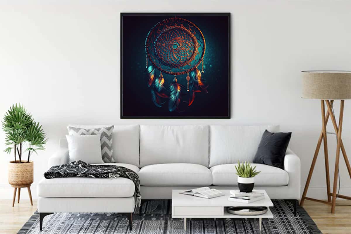 Diamond Painting Dream Catcher Mysterious - Paint by Numbers kit displayed in a modern living room.