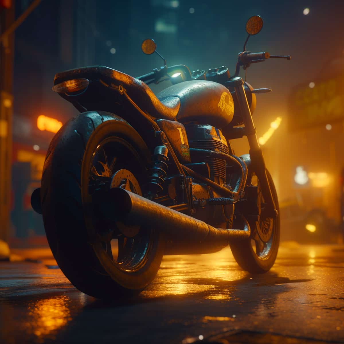 Retro heavy metal motorcycle parked on a wet city street illuminated by streetlights at night.