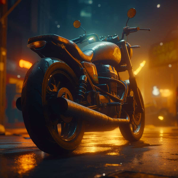 Retro heavy metal motorcycle parked on a wet city street illuminated by streetlights at night.
