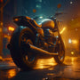 Retro heavy metal motorcycle parked on a wet city street illuminated by streetlights at night.