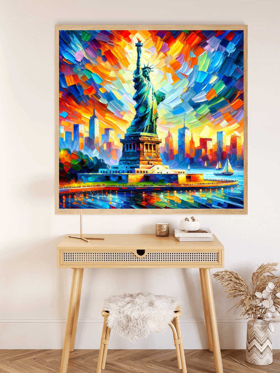 Paint by Numbers - vibrant Statue of Liberty art with dynamic brushstrokes and bold colors. Expressionist New York City scene symbolizing freedom.