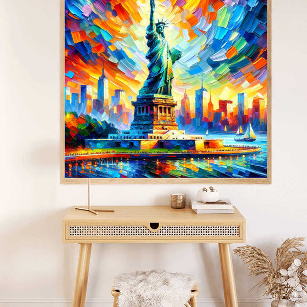 Paint by Numbers - vibrant Statue of Liberty art with dynamic brushstrokes and bold colors. Expressionist New York City scene symbolizing freedom.