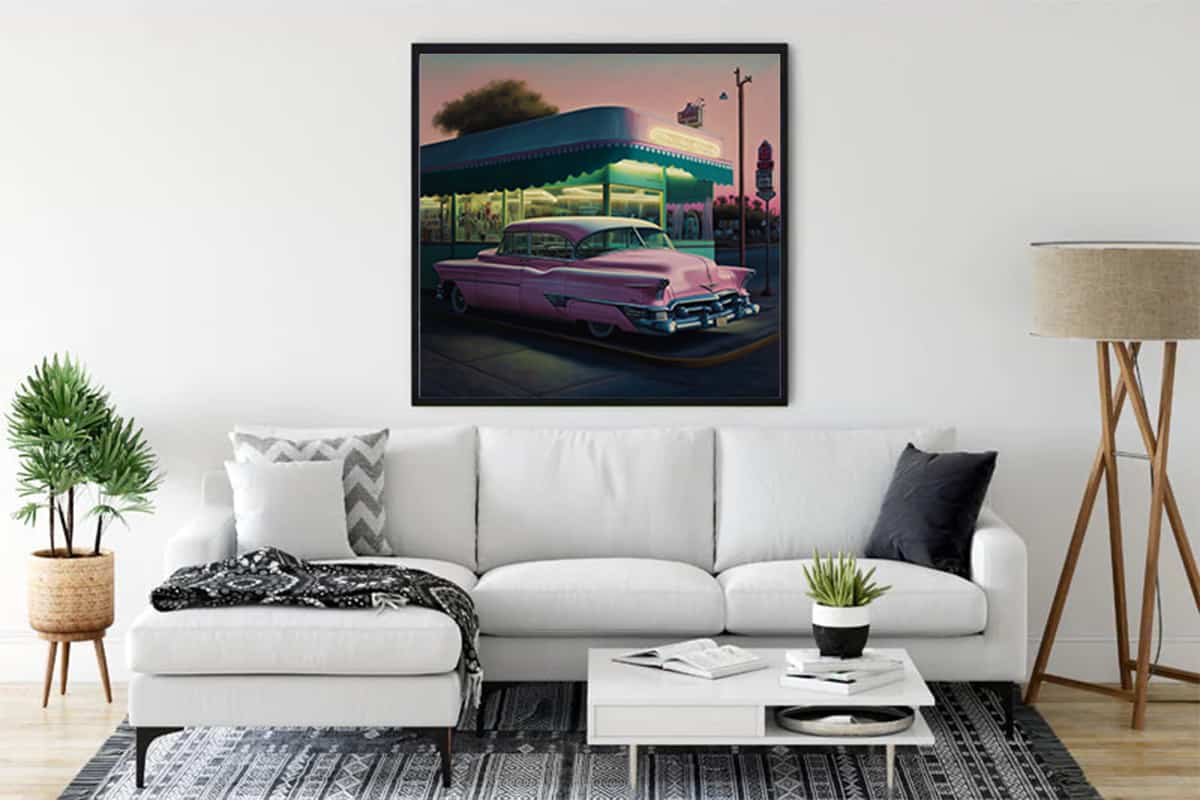 Diamond Painting of nostalgic gas station and classic car hanging above modern living room sofa - Paint by Numbers kit.