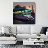 Diamond Painting of nostalgic gas station and classic car hanging above modern living room sofa - Paint by Numbers kit.