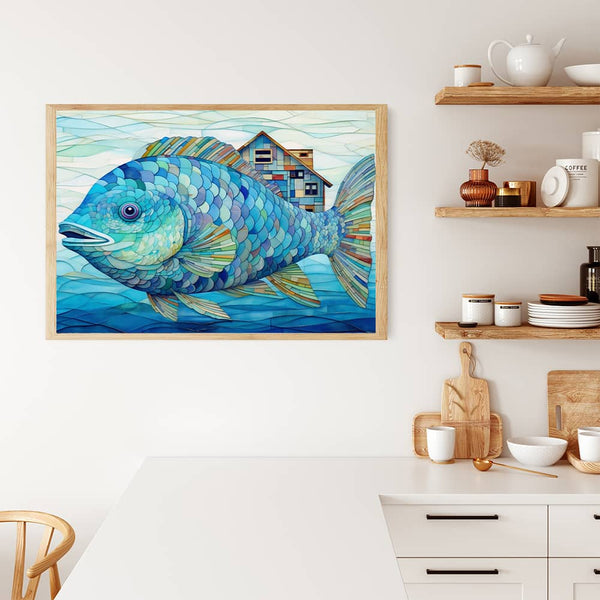 Fisch, Blaue Farben - Malen nach Zahlen - hochwertige Leinwand - Abstrakt, Bestseller, einhorn, fische, horizontal
