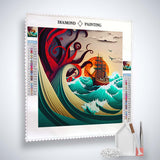 Diamond painting kit of a ship navigating a rough sea with a tentacled sea monster, featuring paint-by-numbers design and application tools.
