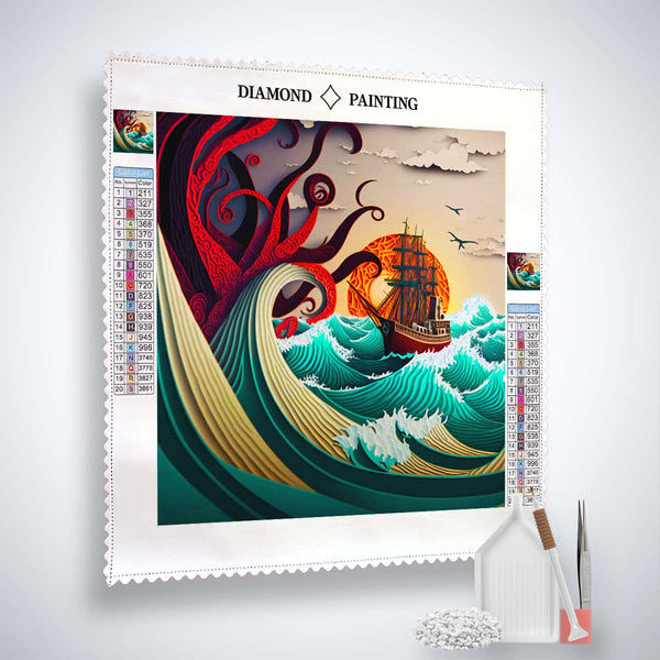 Diamond painting kit of a ship navigating a rough sea with a tentacled sea monster, featuring paint-by-numbers design and application tools.