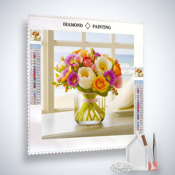 Diamond Painting Kit featuring a vibrant flower arrangement on the beach with tools and enhanced acrylic diamonds.