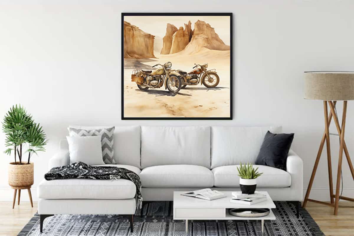 Diamond painting kit Cutting Curve Hunter displayed in a modern living room, featuring two motorcycles in a desert landscape.