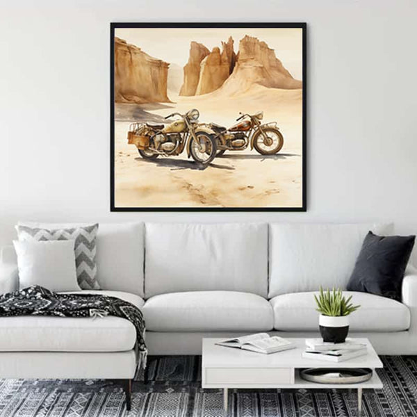 Diamond painting kit Cutting Curve Hunter displayed in a modern living room, featuring two motorcycles in a desert landscape.