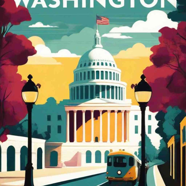Paint by Numbers - Capitol in Splendor with tram, vibrant sky, and ruby red trees, Washington DC
