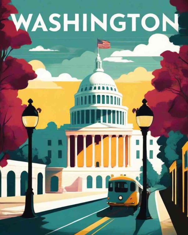 Paint by Numbers - Capitol in Splendor with tram, vibrant sky, and ruby red trees, Washington DC