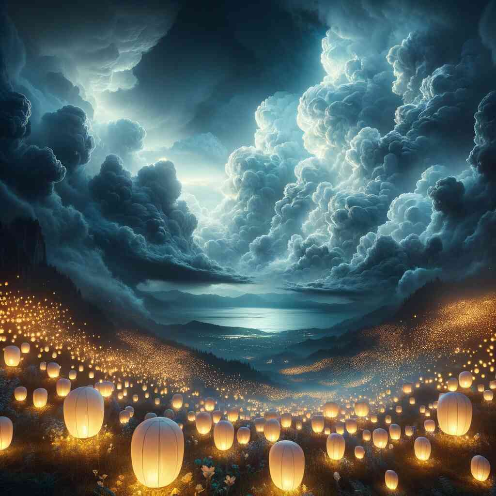 Paint by Numbers - Light Festival of Dreams: Glowing lanterns illuminate a dusky landscape under a dramatic cloud-filled sky.