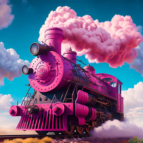 Pink fantasy train with puffs of pink smoke against a blue sky, featured in AB Diamond Painting Paint by Numbers kits.