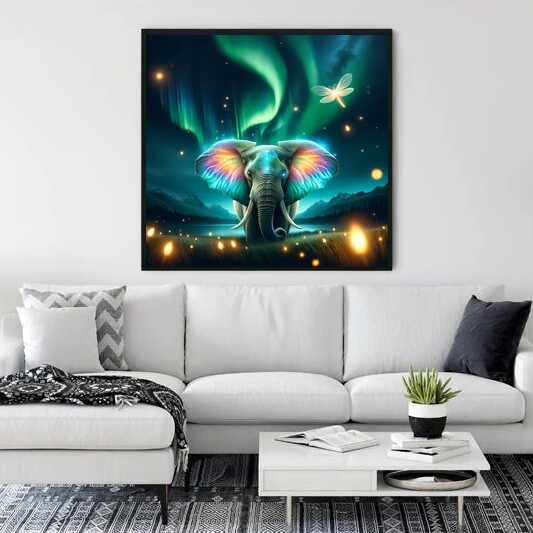 Paint by Numbers - Northern Lights Magic featuring a colorful, majestic elephant under Northern Lights, fireflies, and a mystical dragonfly.
