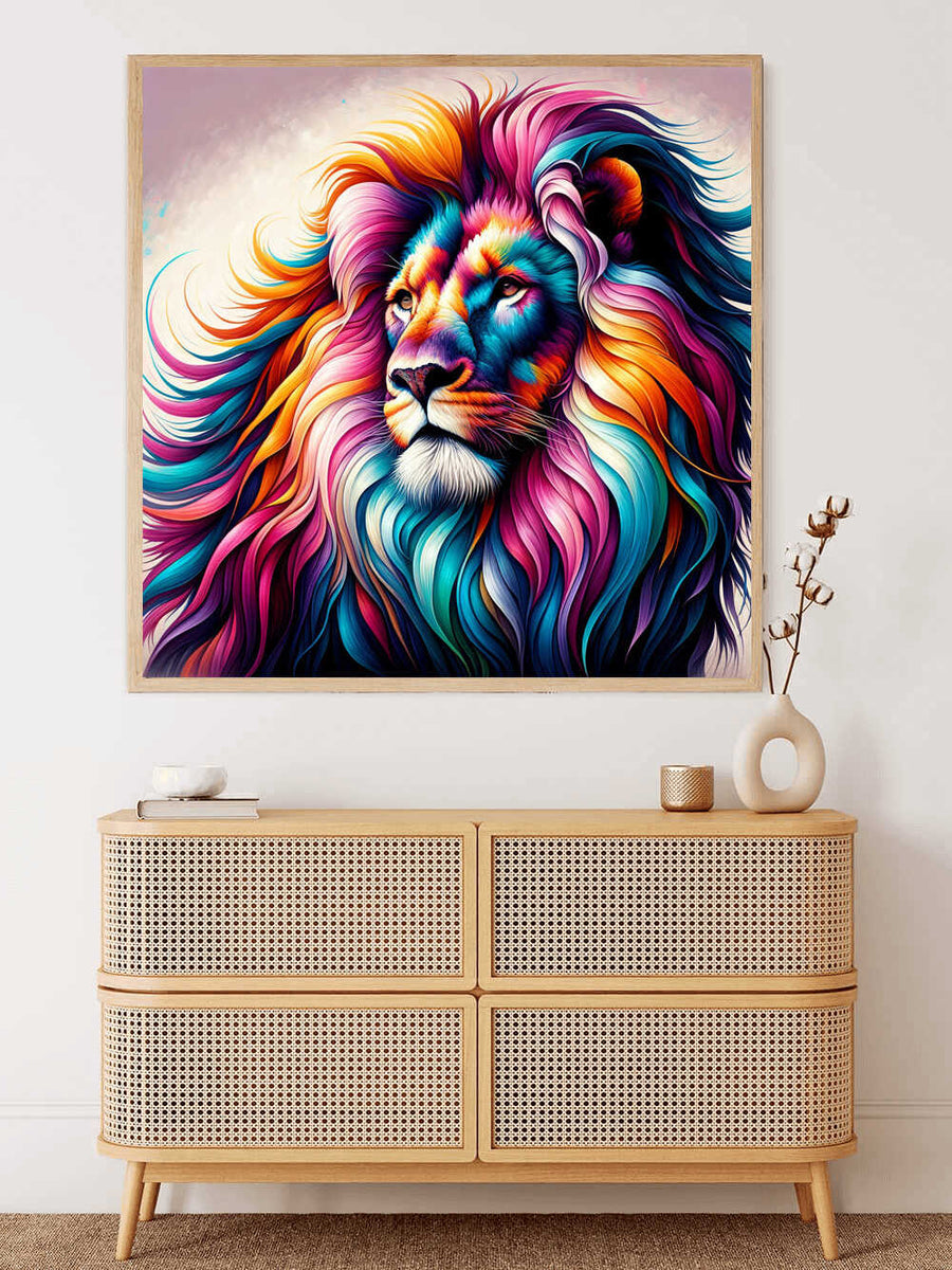 Paint by Numbers - Colorful Awakening featuring a majestic lion with a vibrant, multicolored mane hanging above a modern wooden dresser.