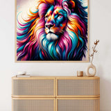 Paint by Numbers - Colorful Awakening featuring a majestic lion with a vibrant, multicolored mane hanging above a modern wooden dresser.