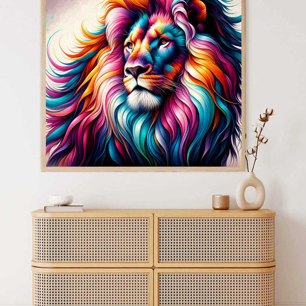Paint by Numbers - Colorful Awakening featuring a majestic lion with a vibrant, multicolored mane hanging above a modern wooden dresser.