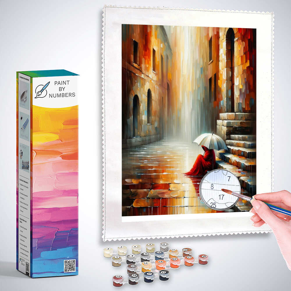 Woman on stairs, umbrella - Paint by Numbers