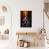 Diamond painting of a luminous stone path hung on wall in cozy living room.