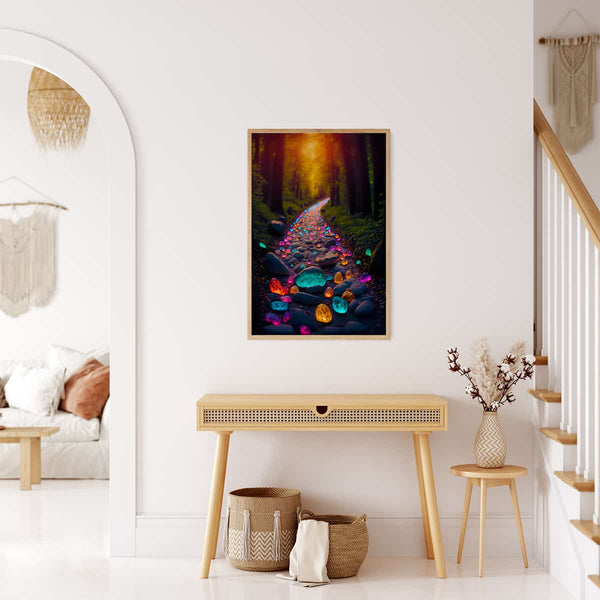 Diamond painting of a luminous stone path hung on wall in cozy living room.