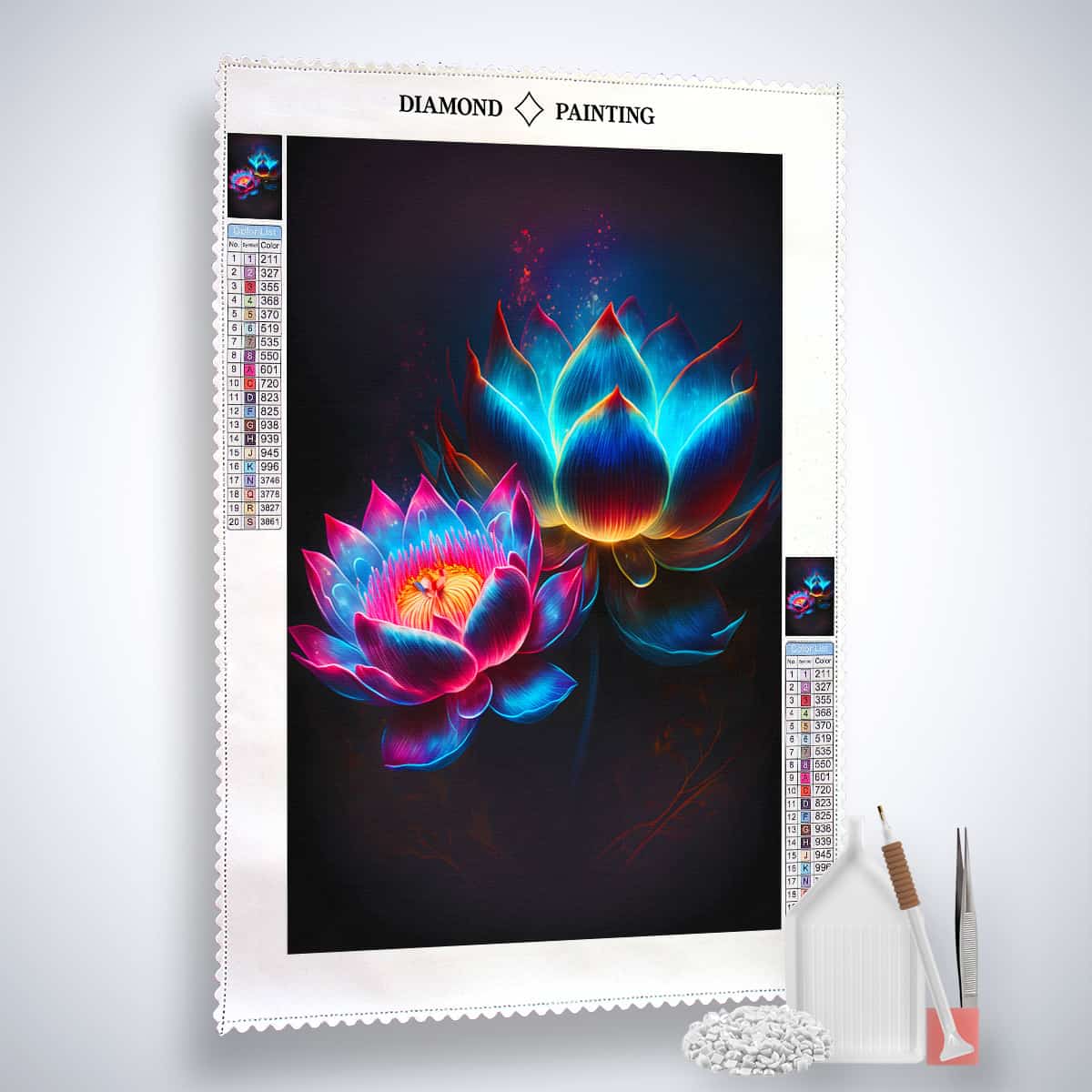 Diamond Painting - Flower Concert canvas with glowing floral design, acrylic diamonds, tweezers, and application pen for Paint by Numbers.
