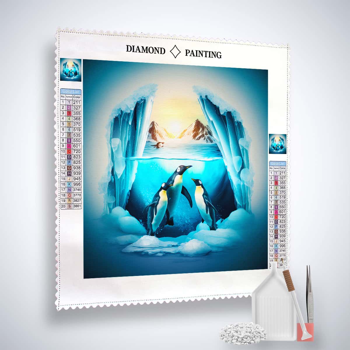 Diamond Painting Kit - Penguins underwater design on canvas with acrylic diamonds, tweezers, and application pen. Paint by Numbers art.