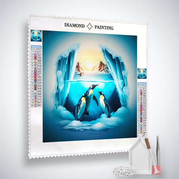 Diamond Painting Kit - Penguins underwater design on canvas with acrylic diamonds, tweezers, and application pen. Paint by Numbers art.